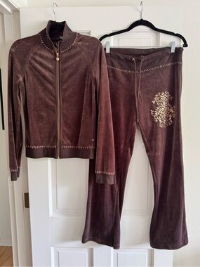 VTG Y2K Twisted Heart Velour Tracksuit Brown Embroidered Beaded Medium EUC